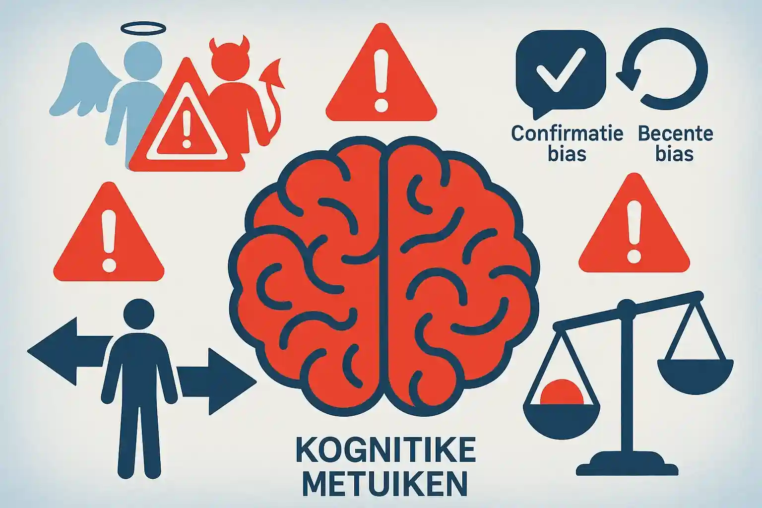 Veelgemaakte fouten bij analyse met cognitieve bias symbolen, waarschuwingstekens en kritisch denken obstakels