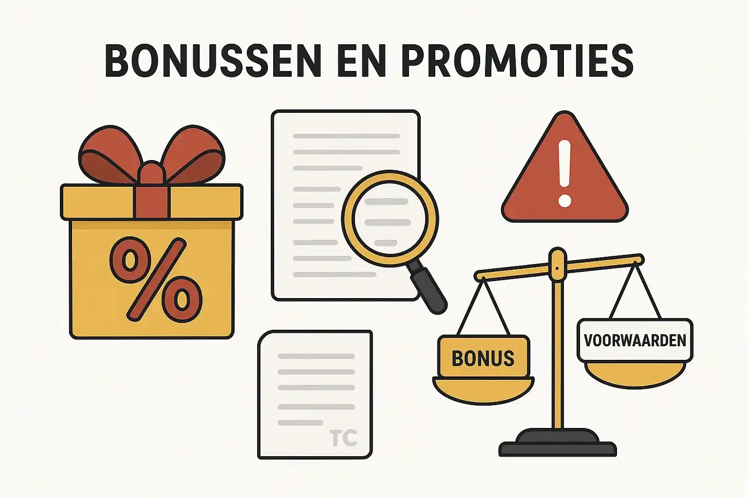 Illustratie over bonussen en promoties bij bookmakers met waarschuwing voor voorwaarden en kleine lettertjes