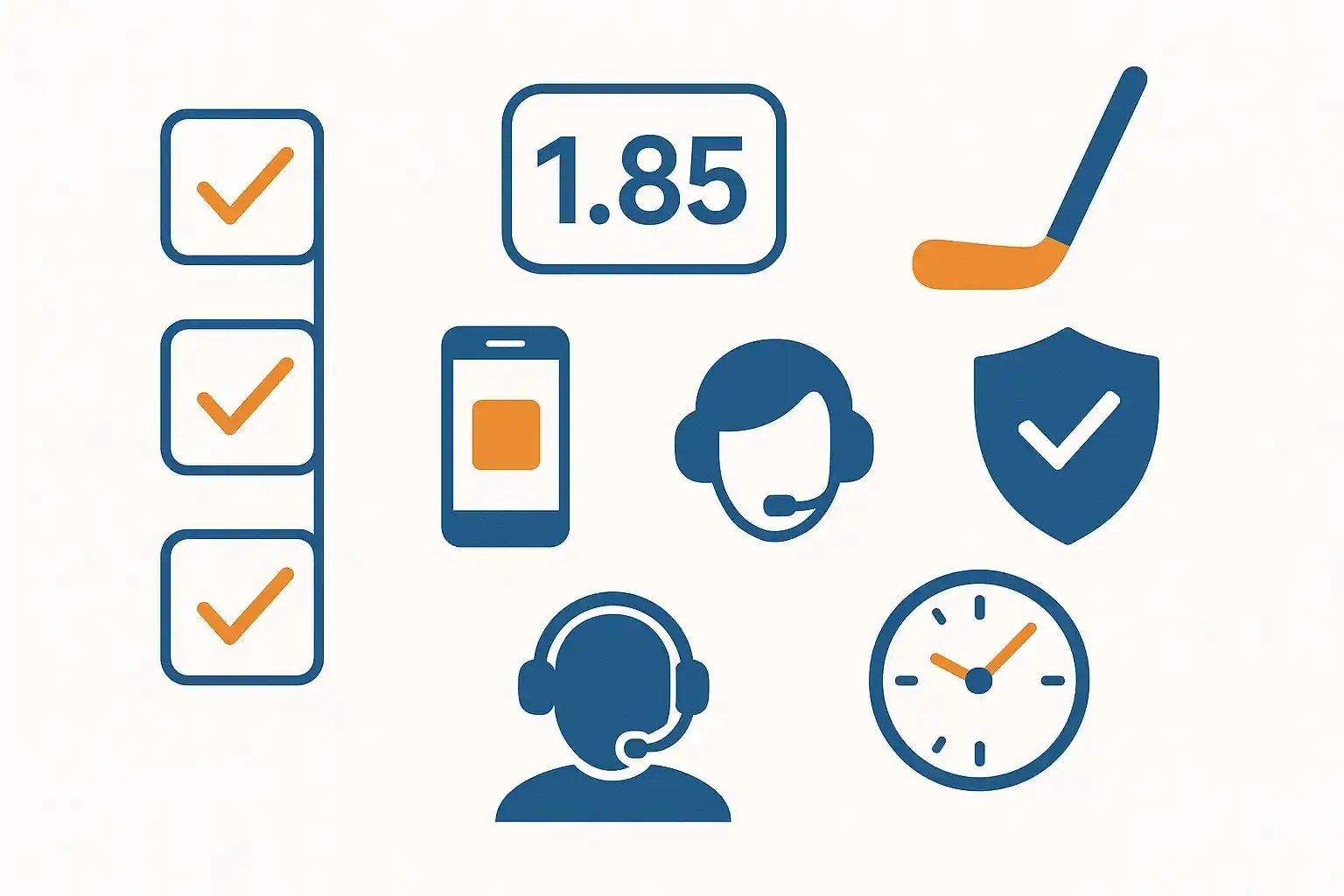 Infographic met selectiecriteria voor hockey bookmakers: odds, aanbod, veiligheid en klantenservice iconen
