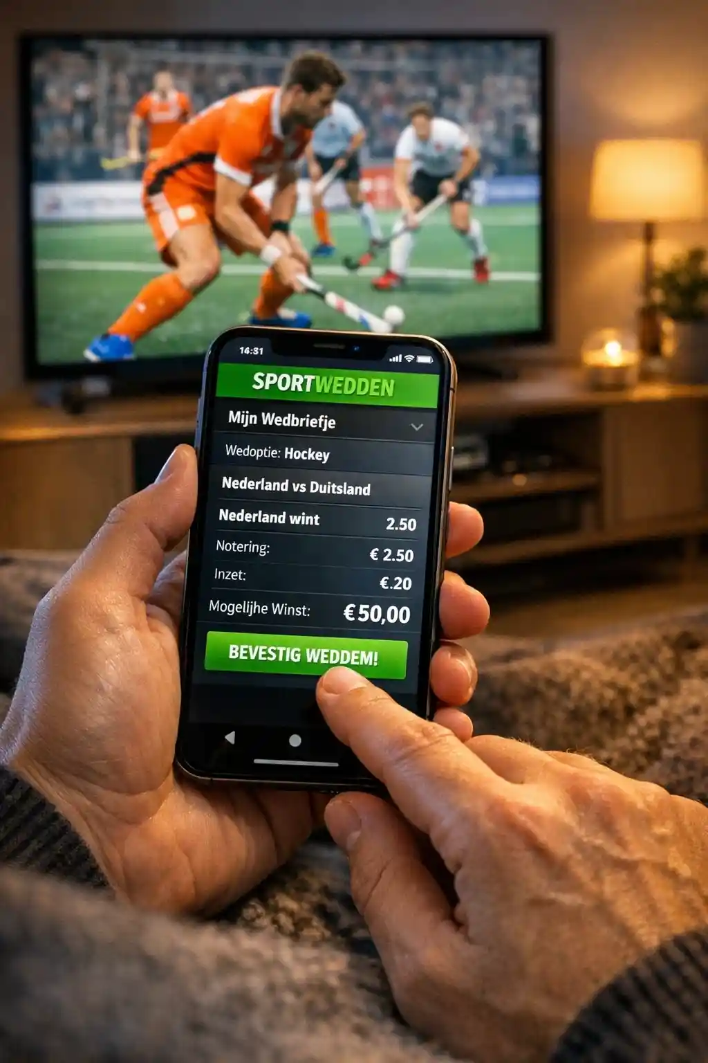 Persoon plaatst eerste hockey weddenschap op smartphone app met wedstrijd op TV op de achtergrond
