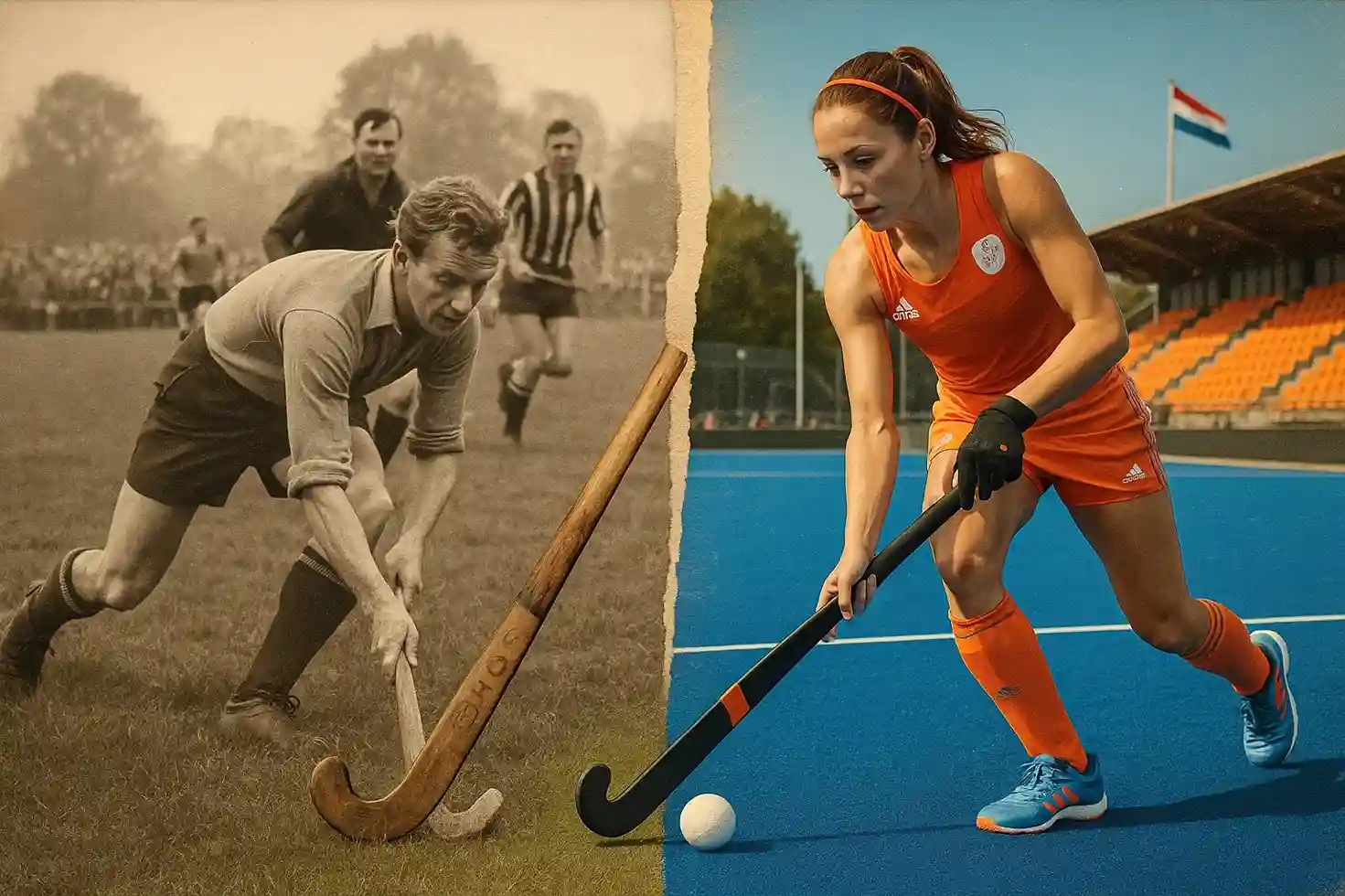 Evolutie van Nederlands hockey door de jaren heen, van historisch zwart-wit naar modern kunstgras