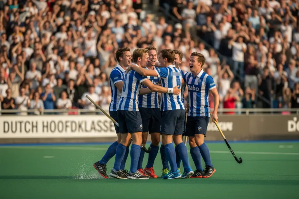 Hockeyteam viert een doelpunt samen op het veld
