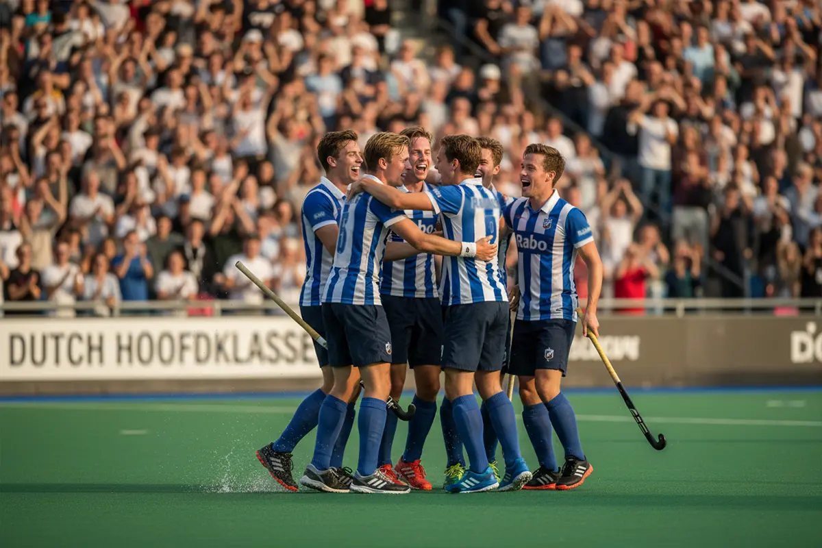 Hockeyteam viert een doelpunt samen op het veld