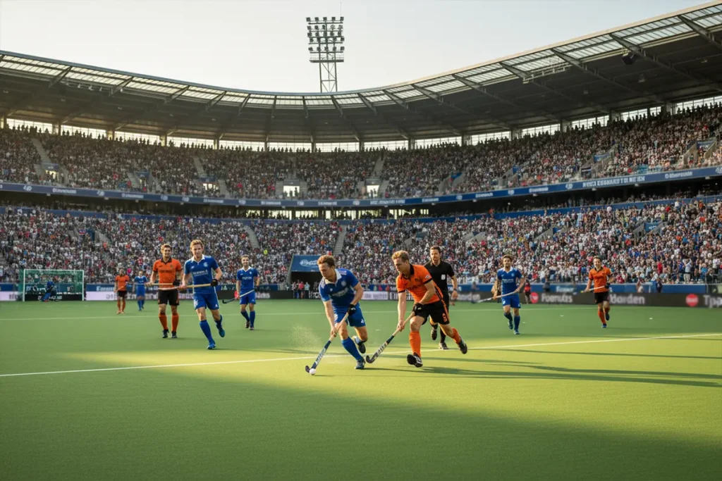 Professionele hockeywedstrijd in een groot stadion met volle tribunes