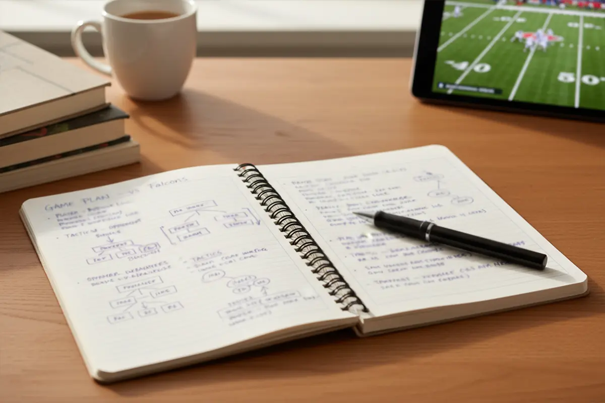 Notitieboek met handgeschreven aantekeningen en analyse op een bureau