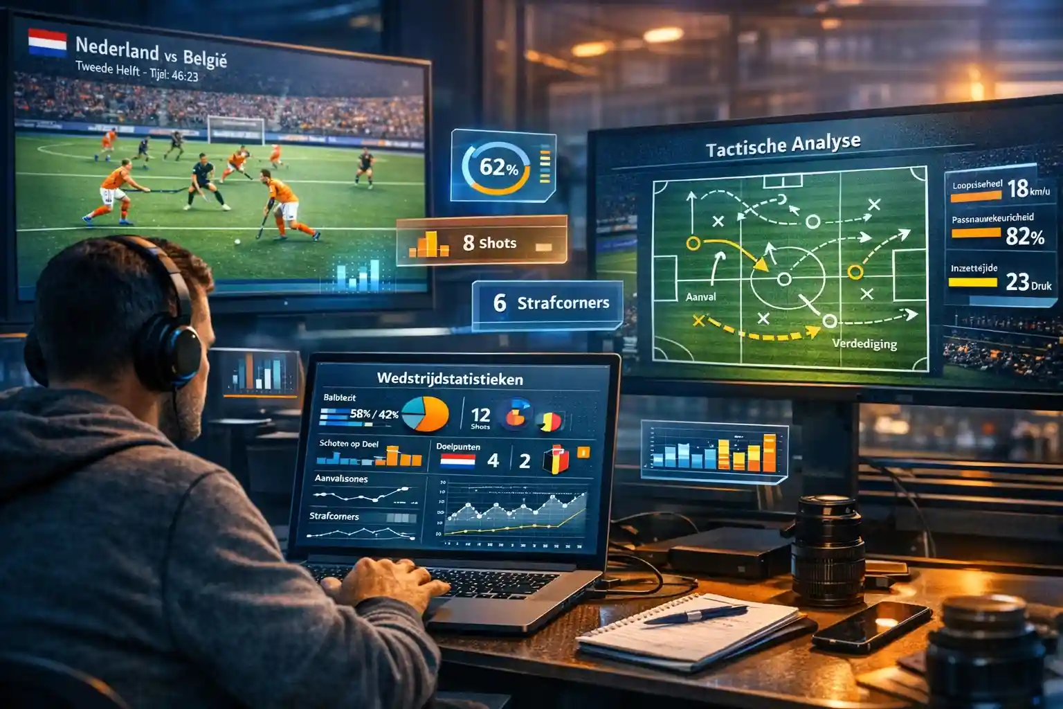 Hockey analyse met data visualisatie op meerdere schermen, statistieken grafieken en tactisch diagram