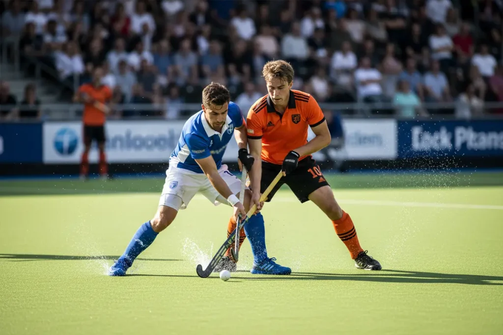 Hockeyspelers strijden om de bal tijdens een intense competitiewedstrijd