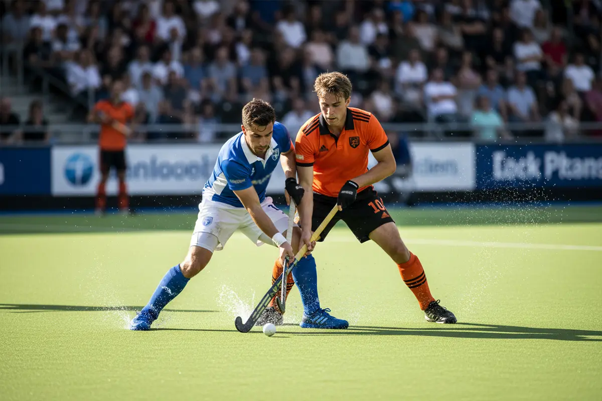 Hockeyspelers strijden om de bal tijdens een intense competitiewedstrijd