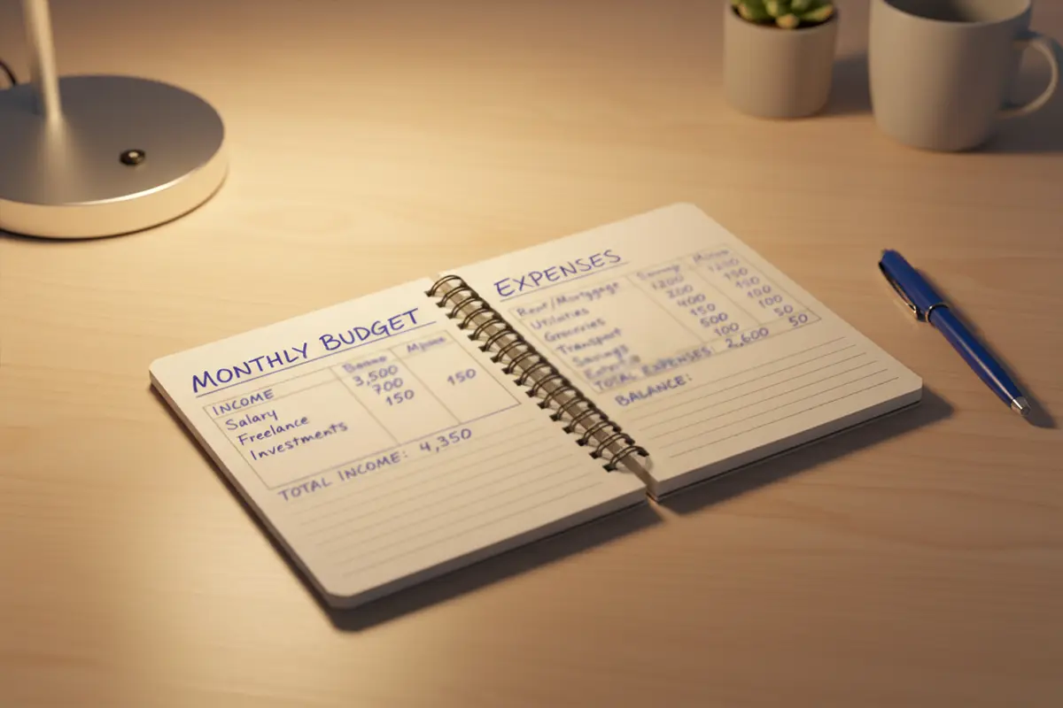 Notitieboek met budgetplanning en pen op een bureau