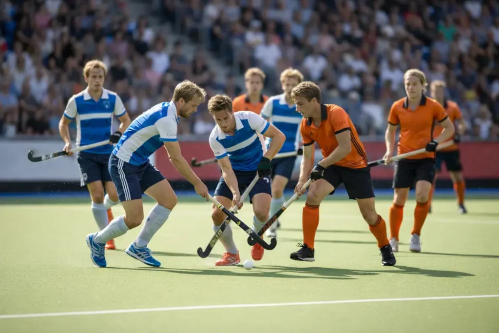 Hockeywedstrijd in volle gang met spelers die strijden om de bal