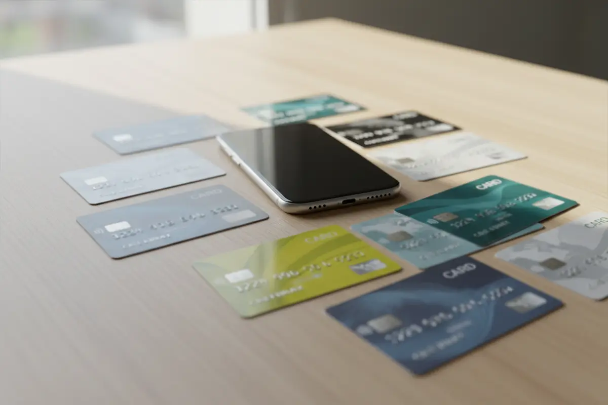 Verschillende betaalpassen en een smartphone op een bureau