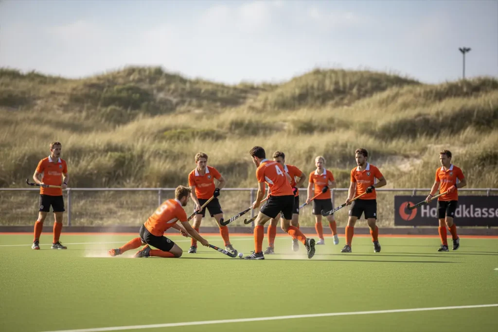 Hockeyspelers in actie op een professioneel veld in de duinen
