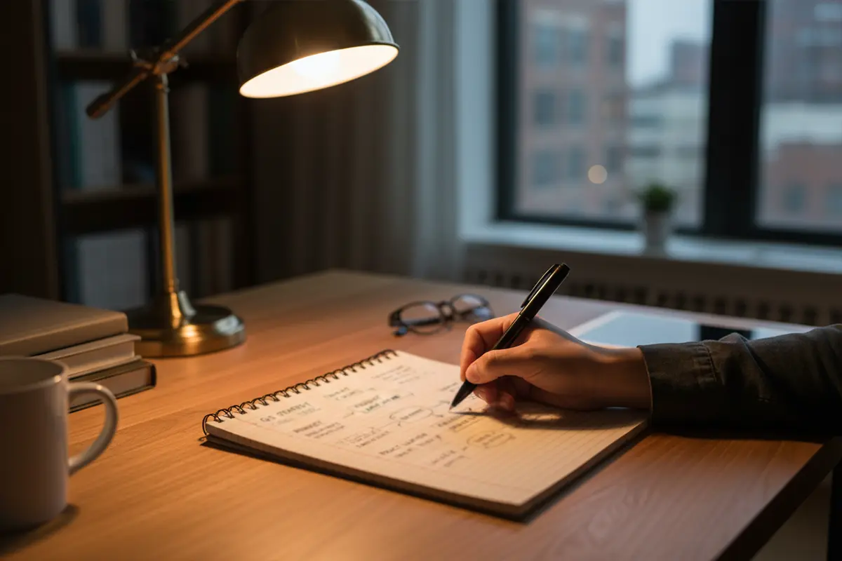 Persoon maakt notities in een notitieboek met een pen tijdens het plannen