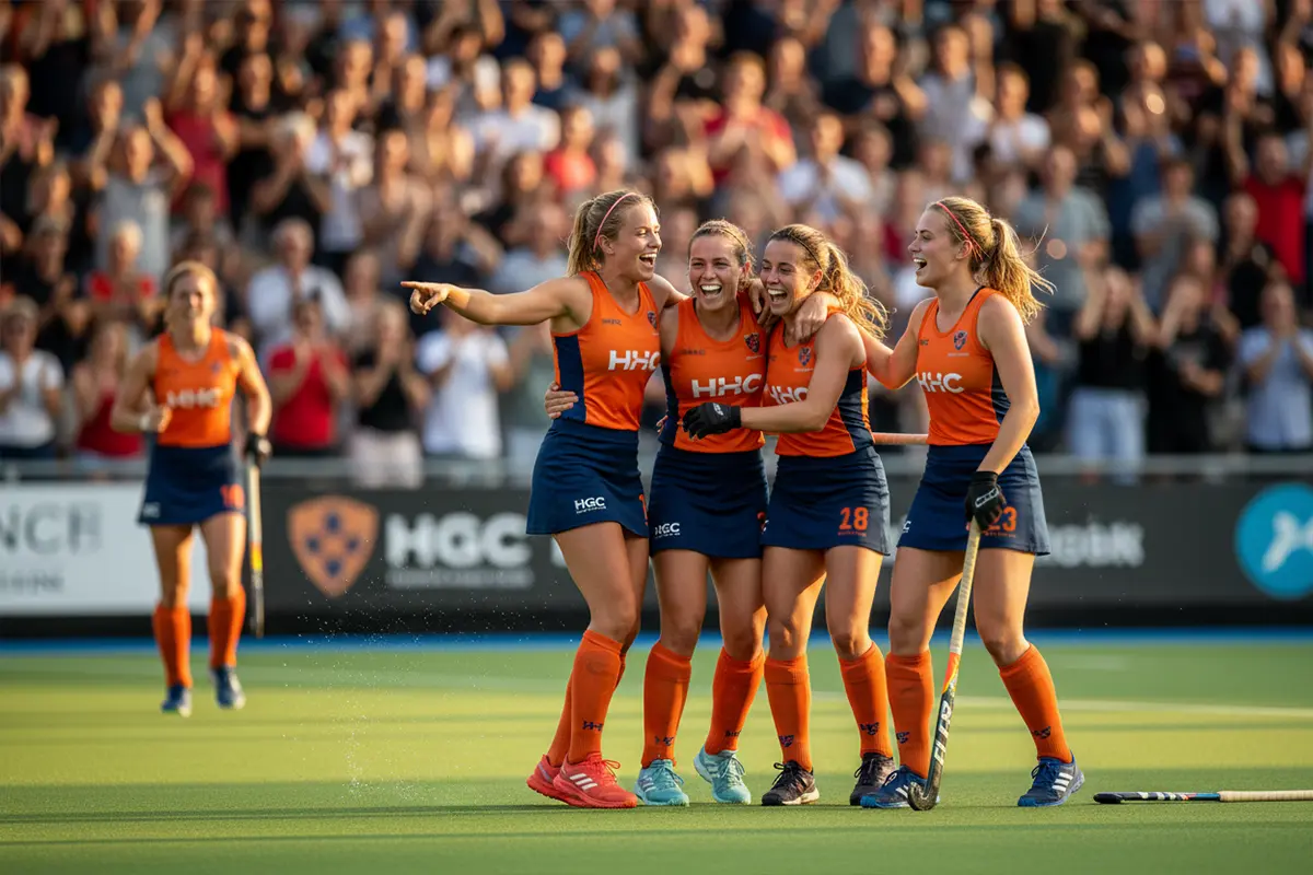 Hockeyspeler viert een doelpunt met teamgenoten op het veld