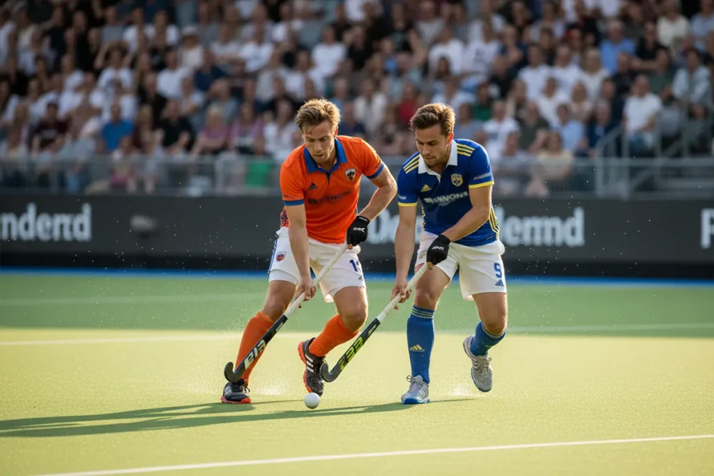 Hockeyspelers in actie op een professioneel veld tijdens een Hoofdklasse wedstrijd