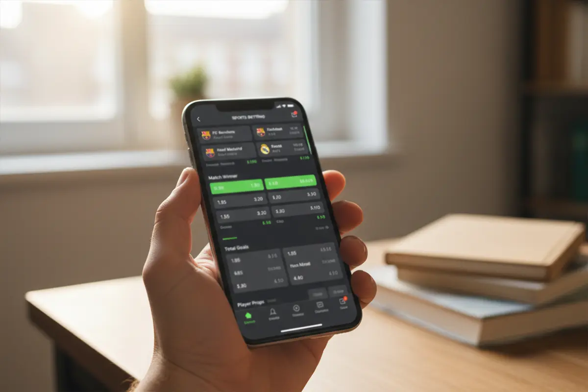 Hand die een smartphone vasthoudt met een weddenschap app op het scherm