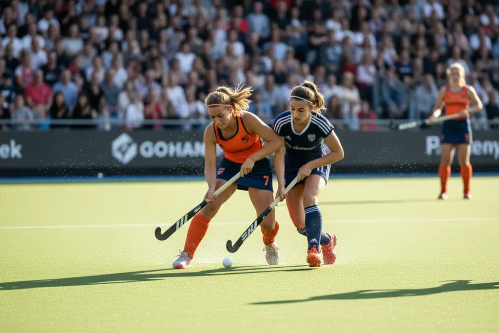 Spannend moment tijdens een hockeywedstrijd met spelers in duel