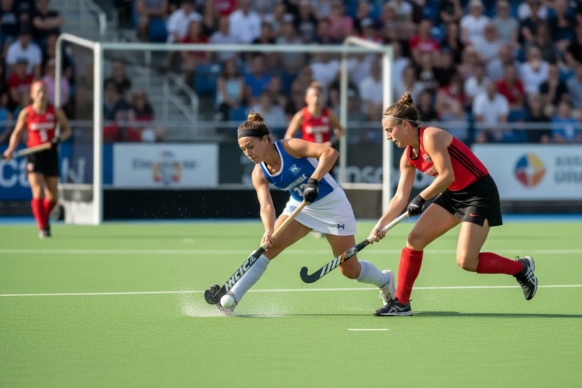 Hockeyspeler neemt een risicovolle actie tijdens een wedstrijd
