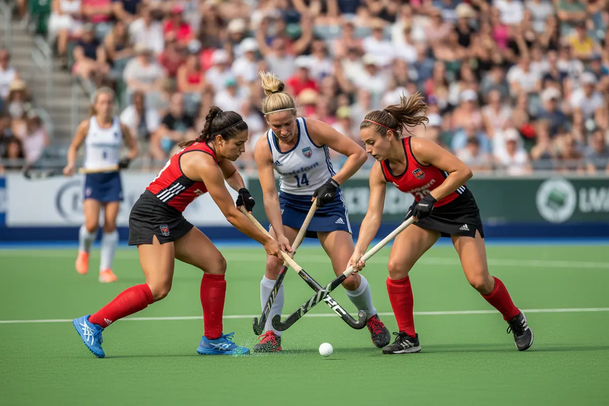 Intensieve actie tijdens een vrouwenhockey competitiewedstrijd