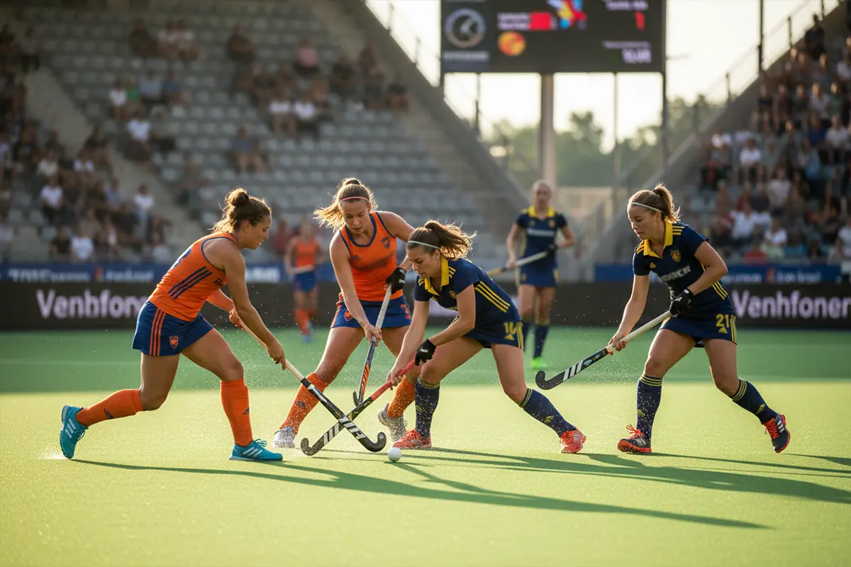 Vrouwelijke hockeyspelers in actie tijdens een Hoofdklasse wedstrijd