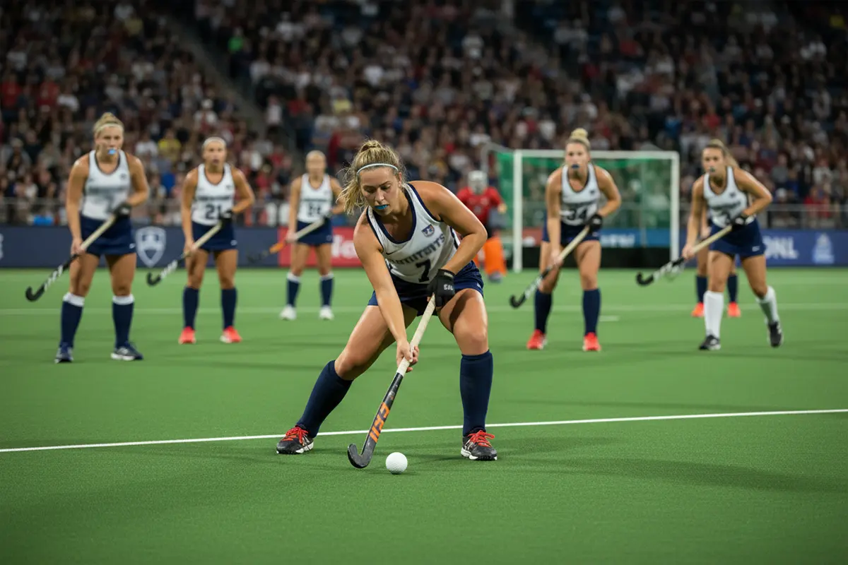 Vrouwelijke hockeyspeler neemt een strafcorner tijdens een belangrijke wedstrijd