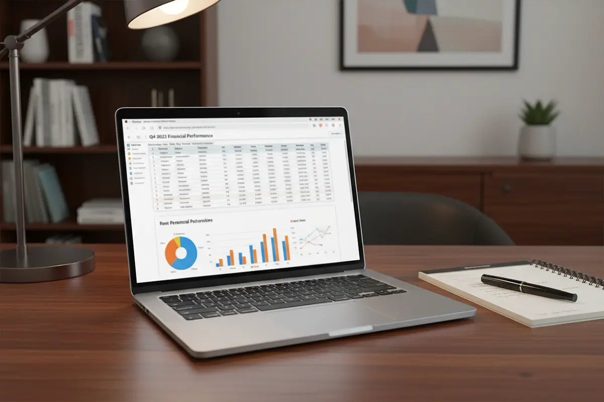 Laptop met spreadsheet en statistieken op het scherm in een werkomgeving