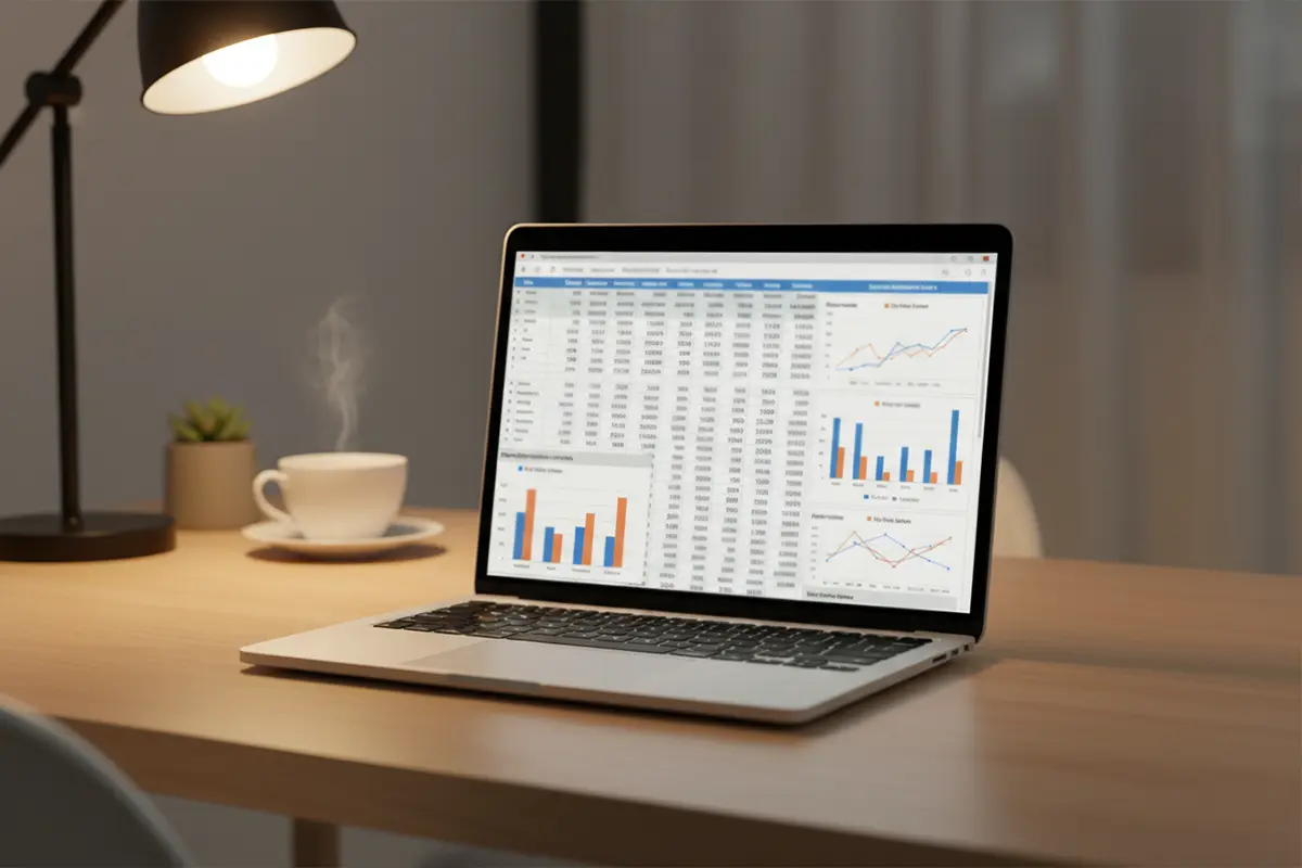 Laptop met spreadsheet vol statistieken en grafieken op het scherm