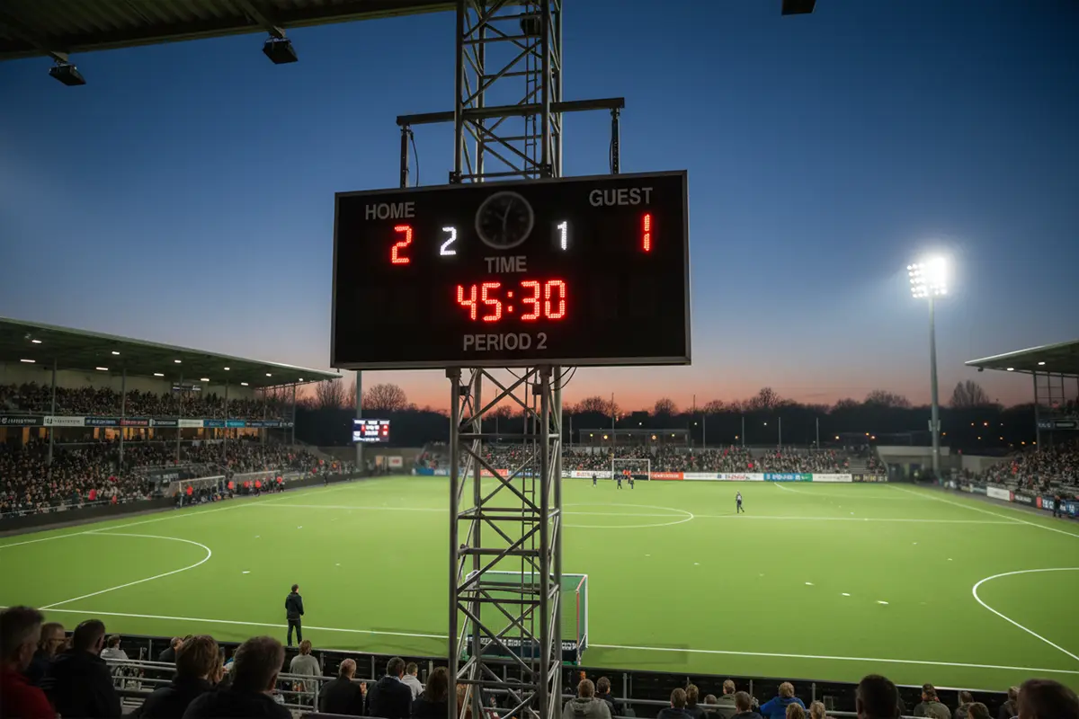 Scorebord van een hockeywedstrijd met doelpuntenaantallen zichtbaar in een stadion