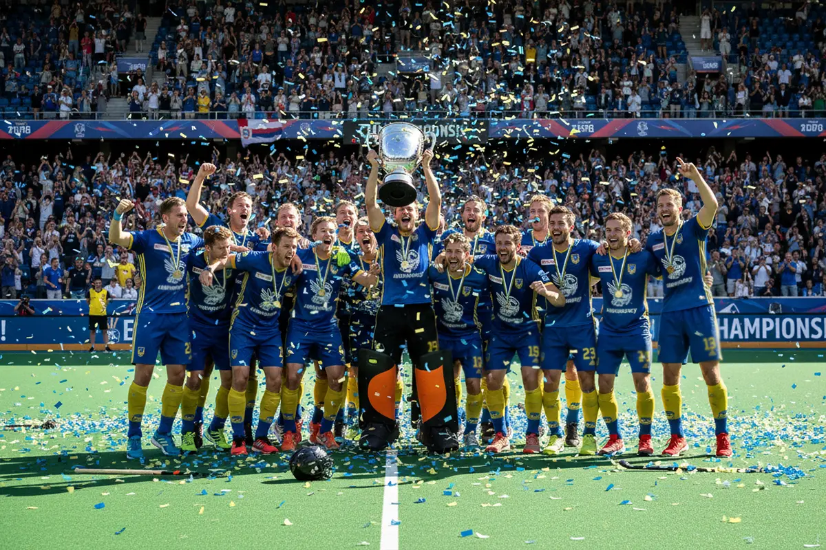 Hockeyteam viert de overwinning na een Europese finale