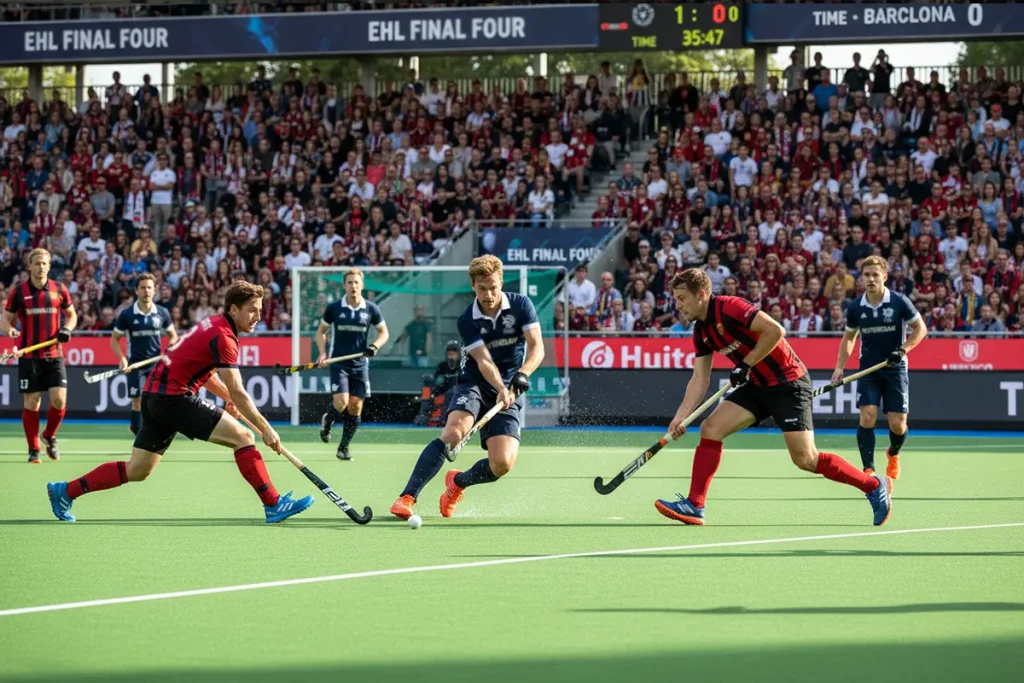 Europese clubhockey wedstrijd met topteams in actie op het veld
