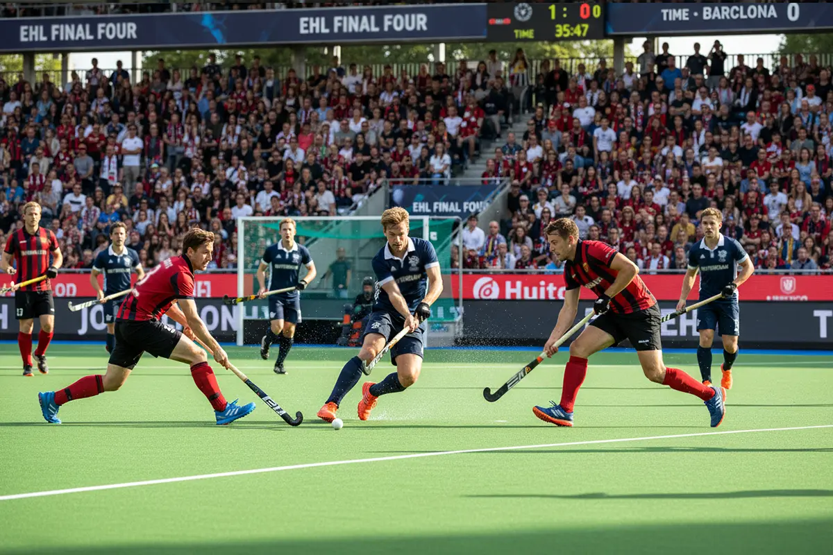 Europese clubhockey wedstrijd met topteams in actie op het veld