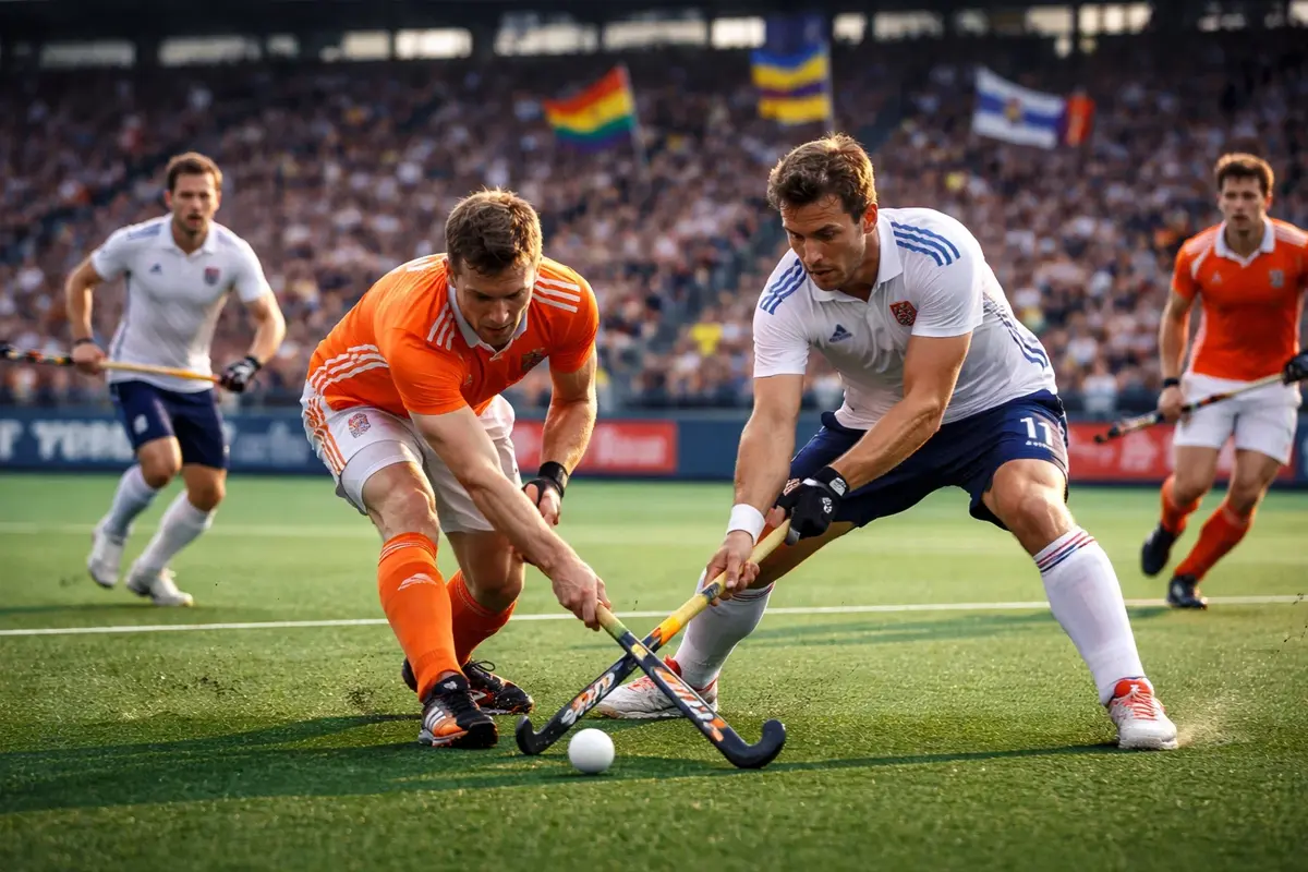 Hockeyspelers in actie tijdens een historisch Europees Kampioenschap