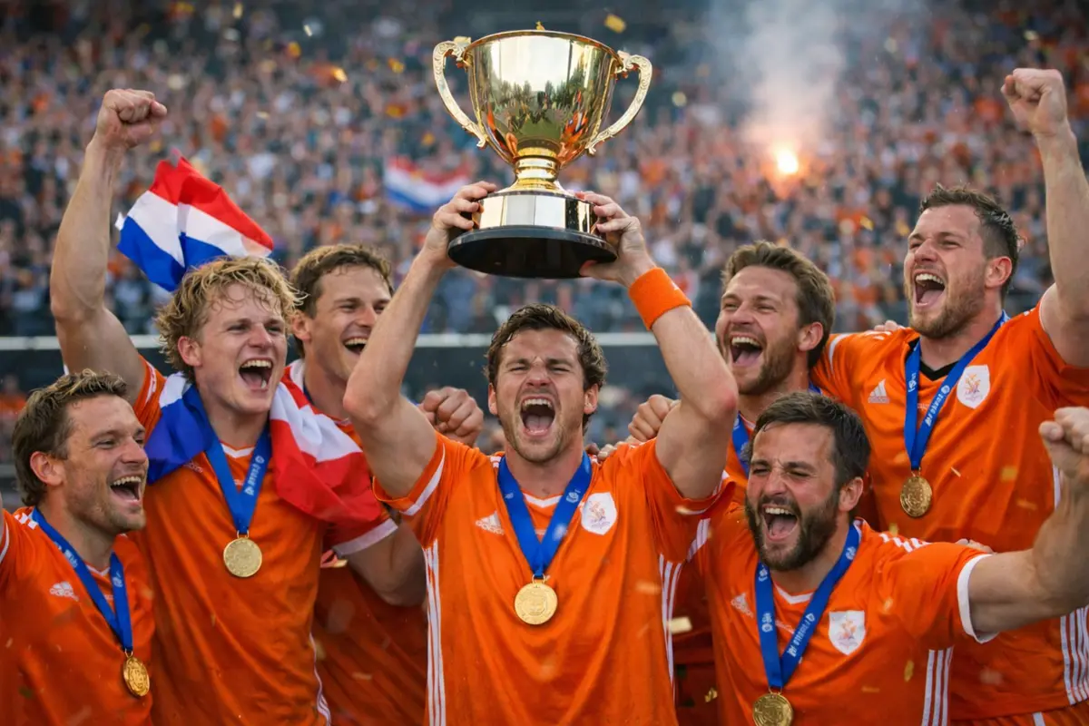 Nederlands hockeyteam viert een Europese overwinning