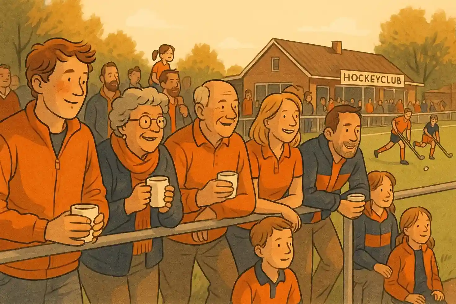 Gezellige sfeer bij Nederlandse hockeyclub met fans langs de lijn, families en clubcultuur