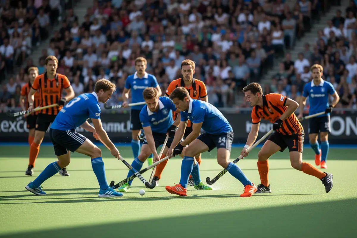 Twee hockeyteams in fel duel om de bal op een professioneel veld tijdens een competitiewedstrijd