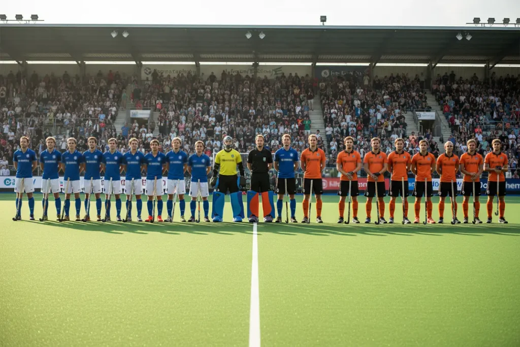 Hockeyteams staan klaar voor de aftrap van een competitiewedstrijd