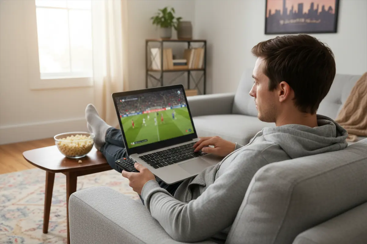 Persoon kijkt naar een sportwedstrijd op een laptop in de woonkamer