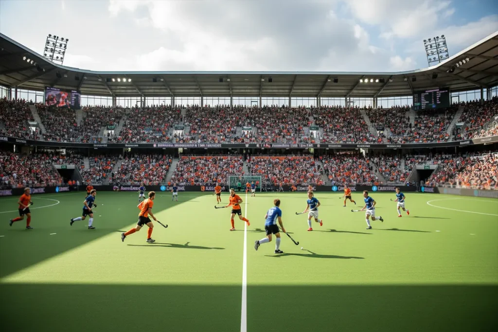 Professionele hockeywedstrijd in een Nederlands stadion met toeschouwers op de tribune