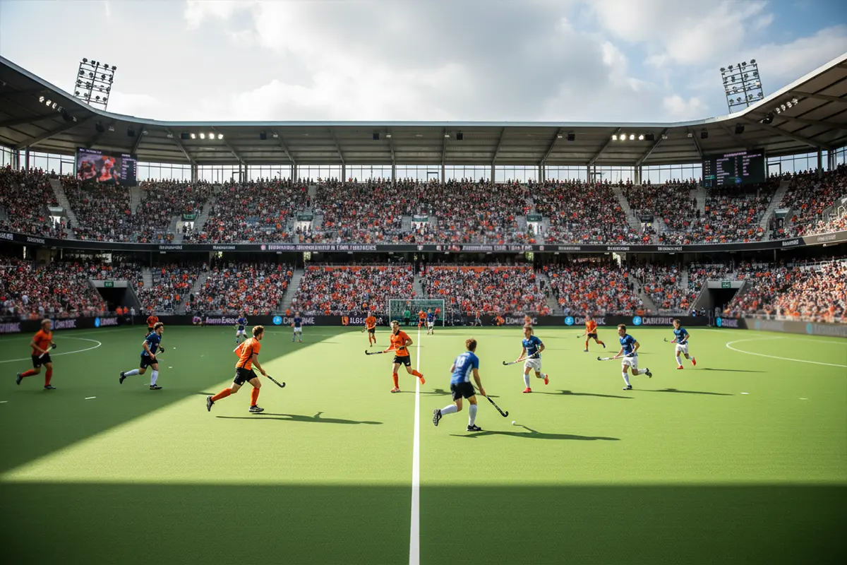 Professionele hockeywedstrijd in een Nederlands stadion met toeschouwers op de tribune