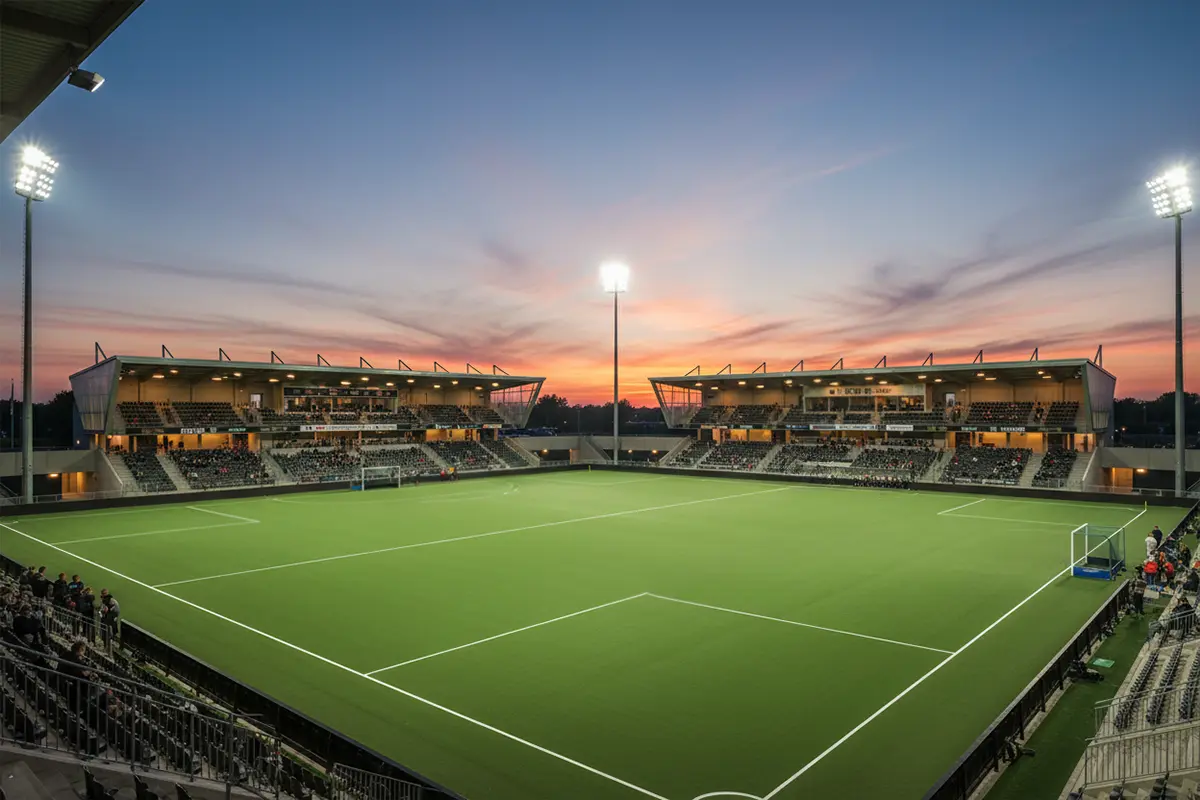 Modern hockeystadion in Nederland bij avondlicht met verlichte tribunes