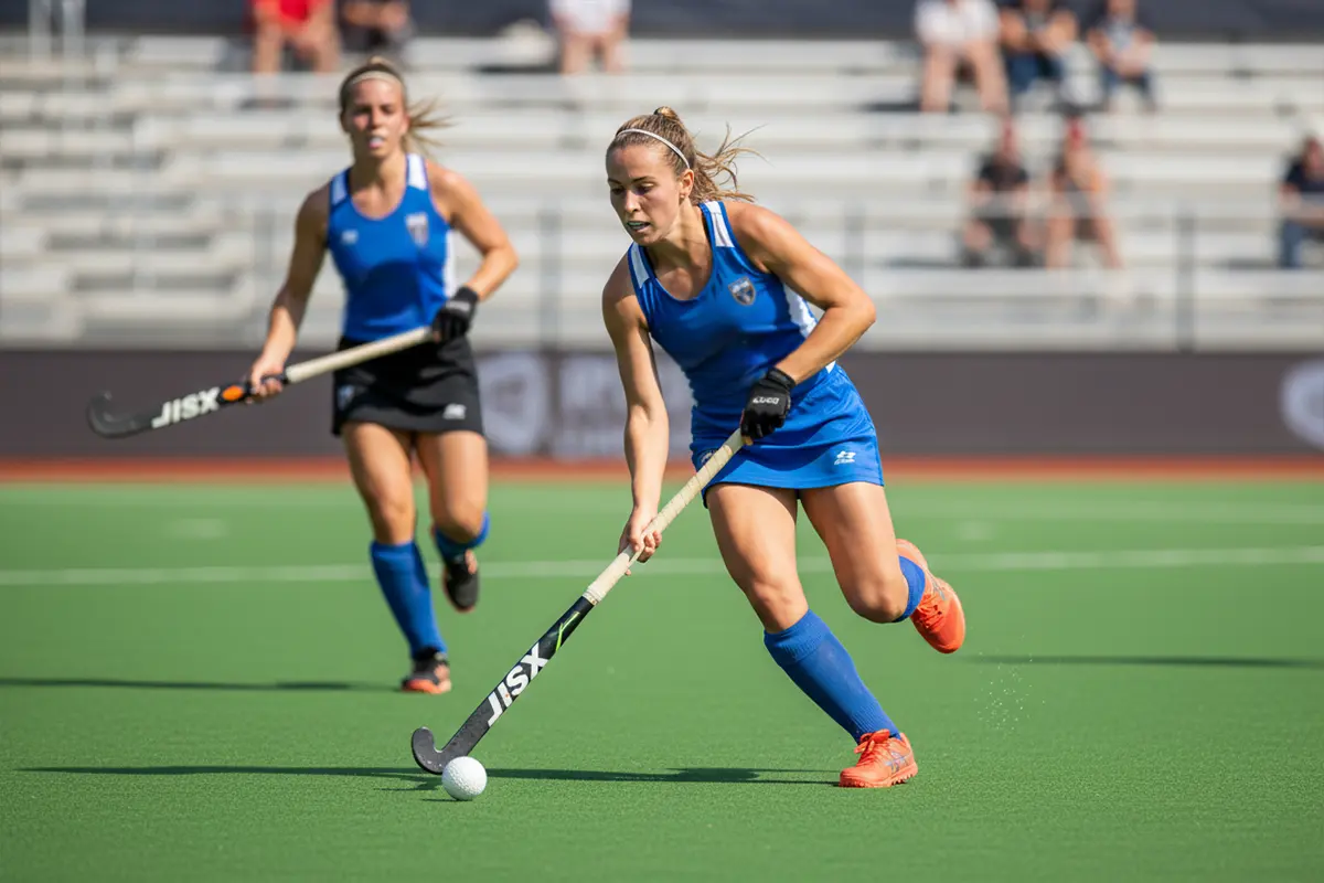 Hockeyspeler sprint met de bal naar voren tijdens een snelle aanval