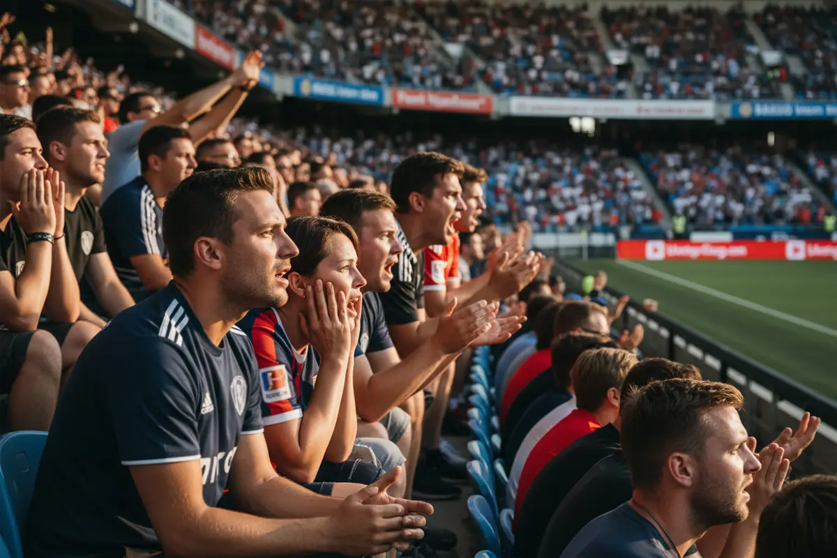 Toeschouwers kijken gespannen naar een hockeywedstrijd