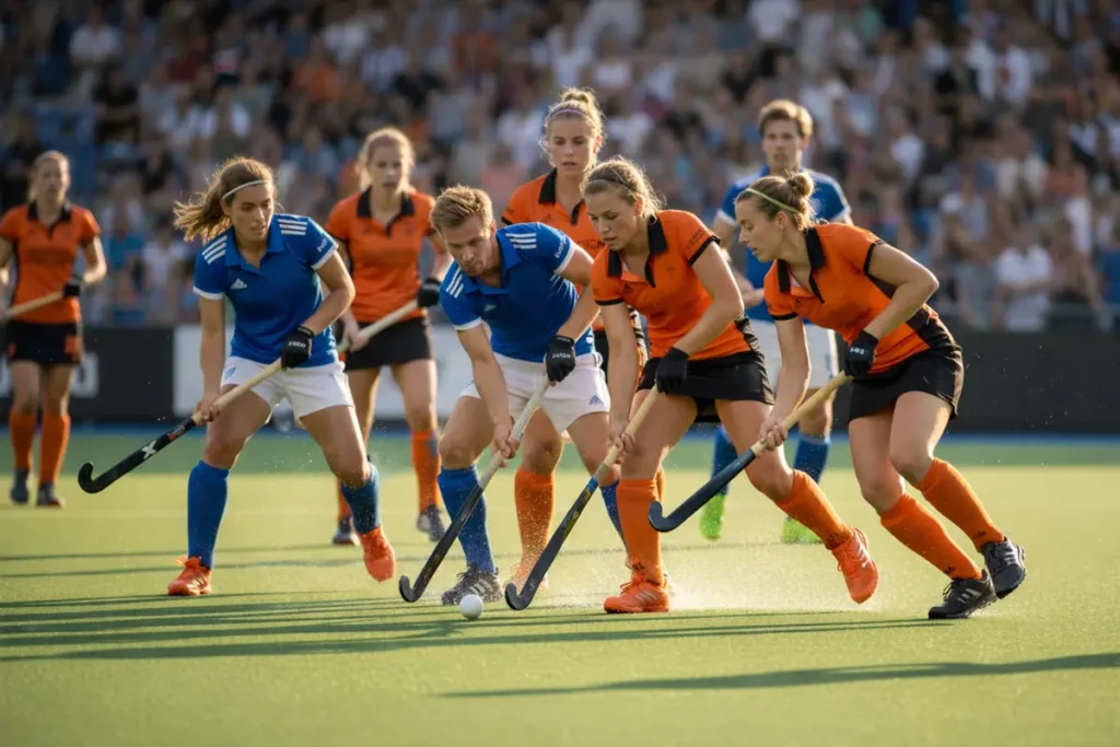 Intensief moment tijdens een hockeywedstrijd met spelers in volle actie