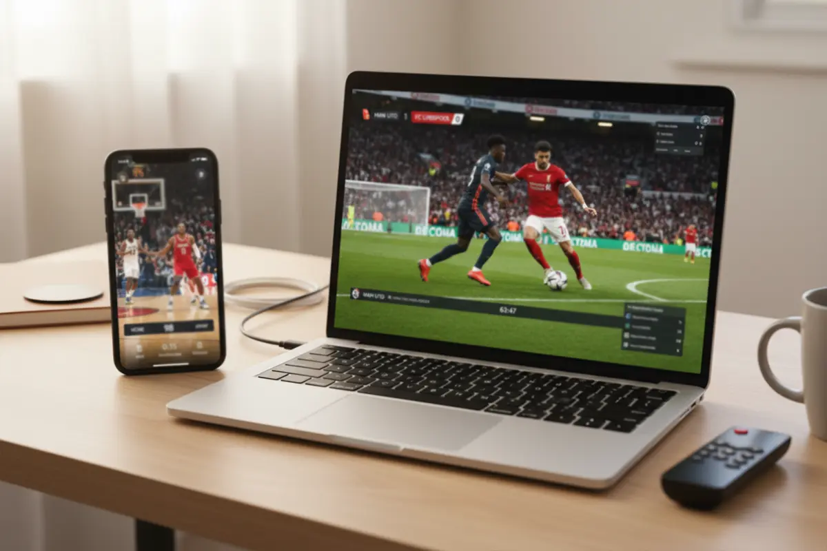 Smartphone en laptop naast elkaar met sportuitzending zichtbaar