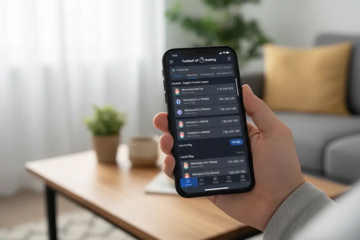 Hand die een smartphone vasthoudt met een sportweddenschappen app op het scherm
