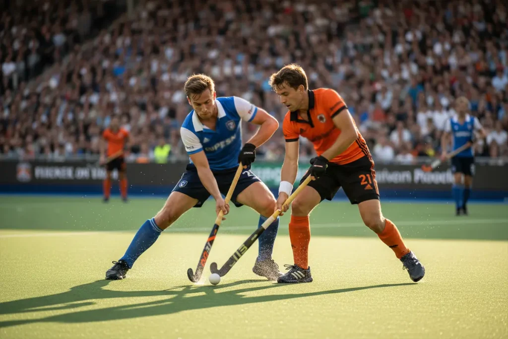 Dynamische hockeywedstrijd met spelers die strijden om de bal op een professioneel veld