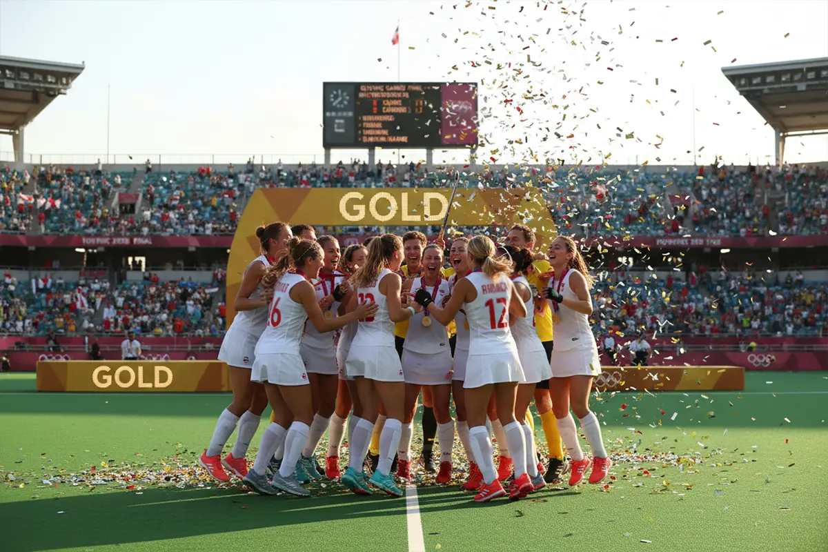 Hockeyteam viert het winnen van olympisch goud met medailles