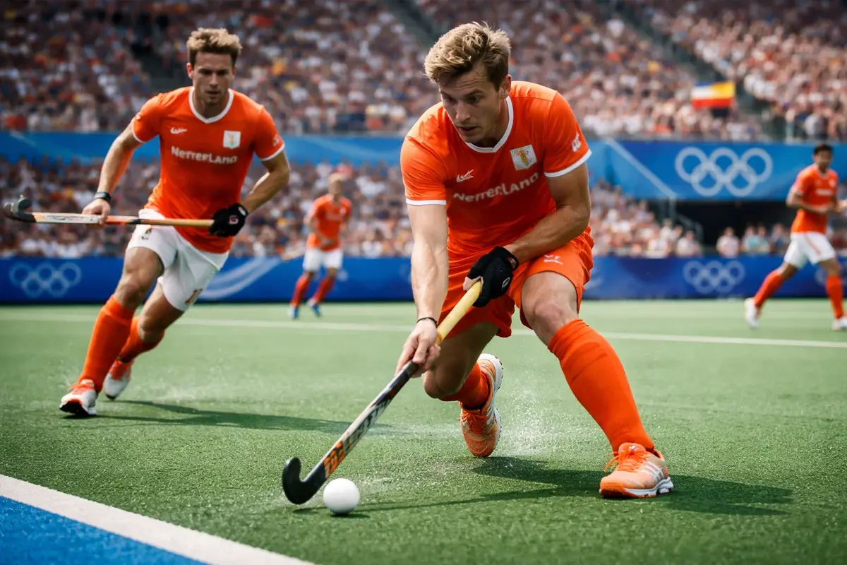 Nederlandse hockeyspelers in actie tijdens de Olympische Spelen