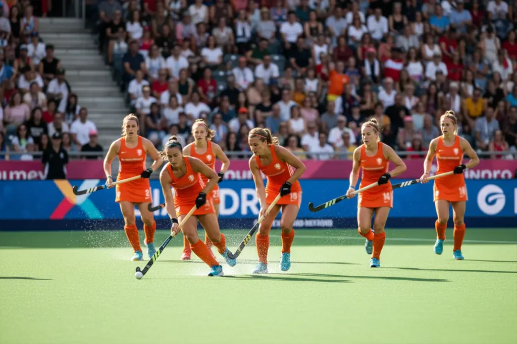 De Nederlandse dames hockeyploeg in actie tijdens een internationale wedstrijd