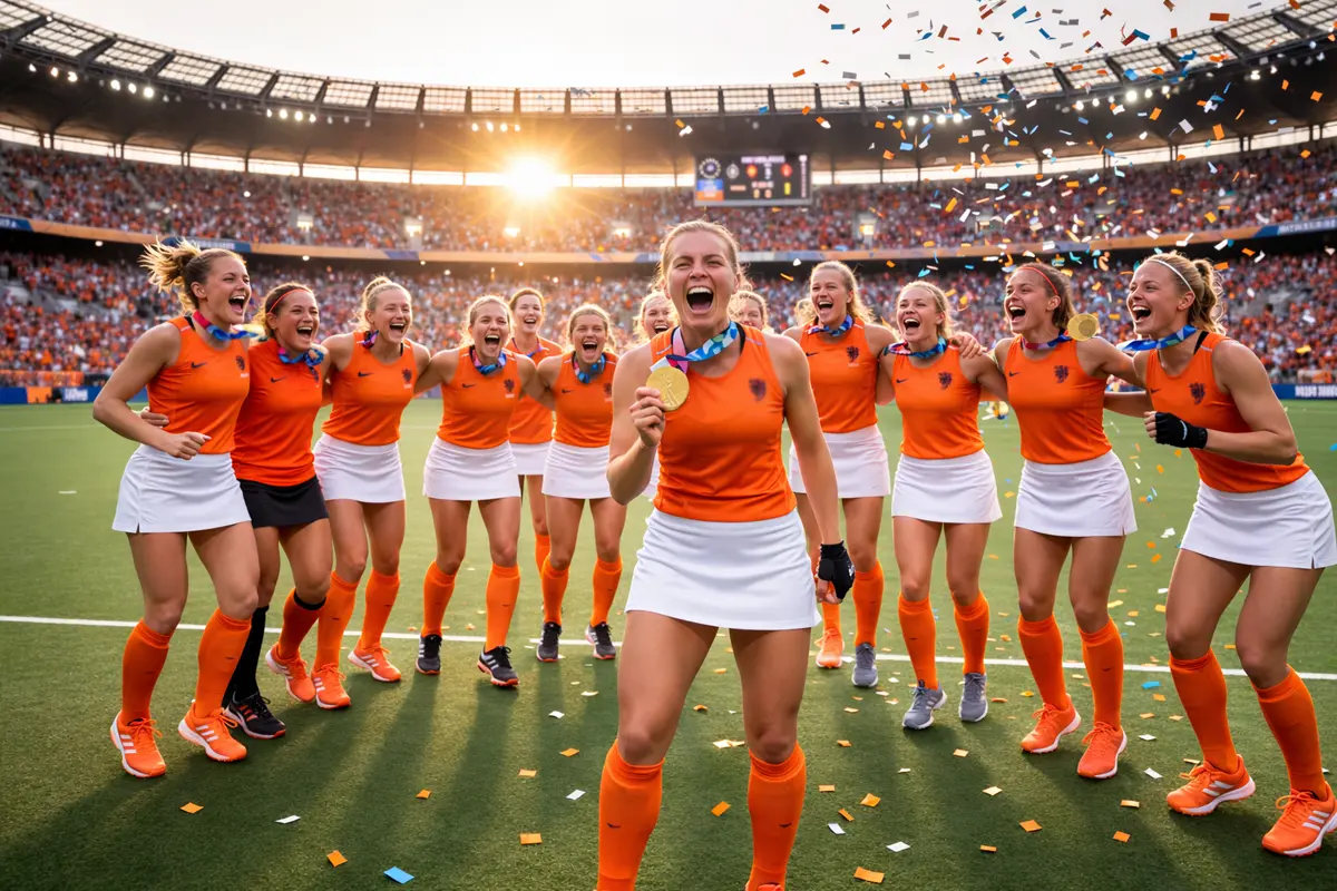 Nederlandse hockeyvrouwen vieren een olympische overwinning